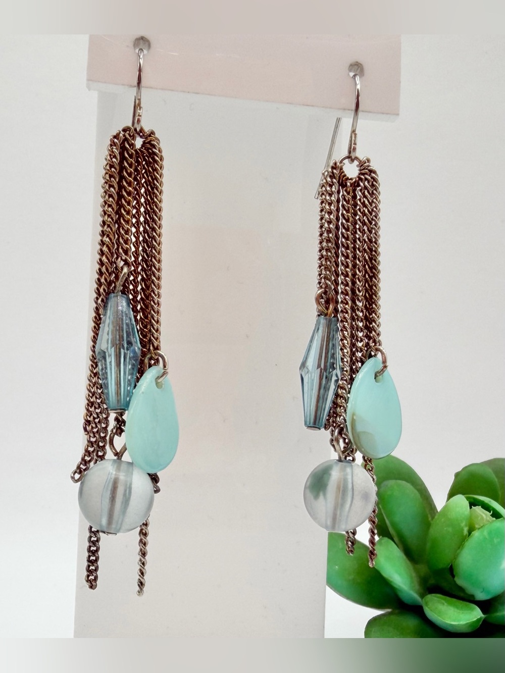 Dangle Chain Drop Earrings with Aqua and Blue Accents